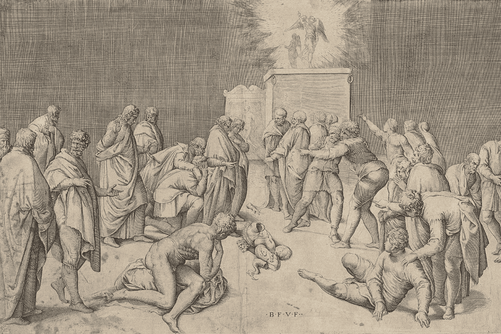 Image of the Philistines feeling the Ark's wrath after taking possession.