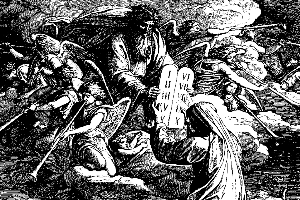 Image of Moses receiving the 10 Commandments from God.