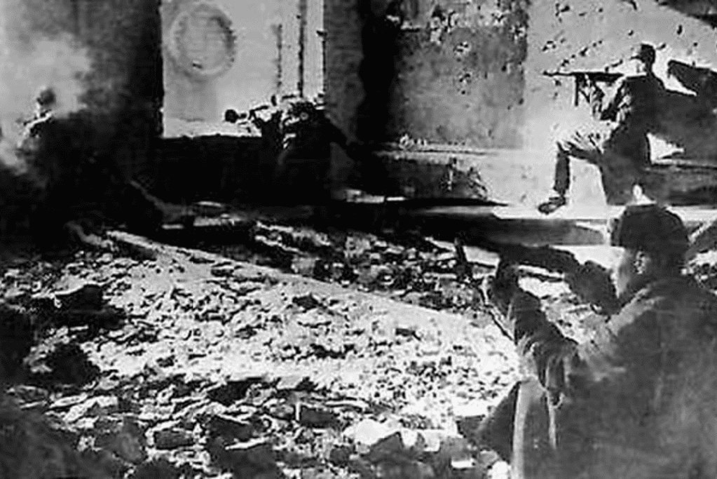 Image of Soviet soldier fighting in Stalingrad's urban environment.