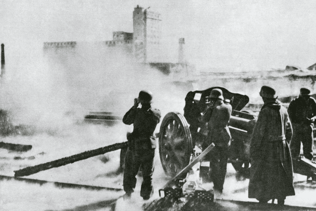 Image of German artillery shelling Soviet positions for a blog post covering the Battle of Stalingrad timeline.