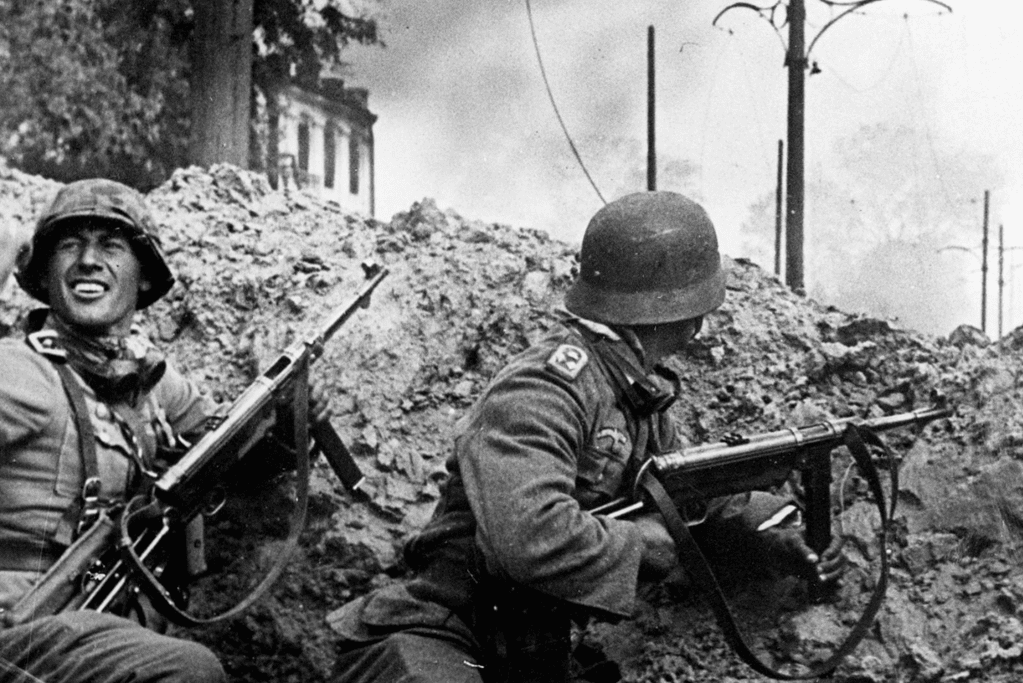 Image of German infantry taking cover behind a berm during the Battle of Stalingrad.