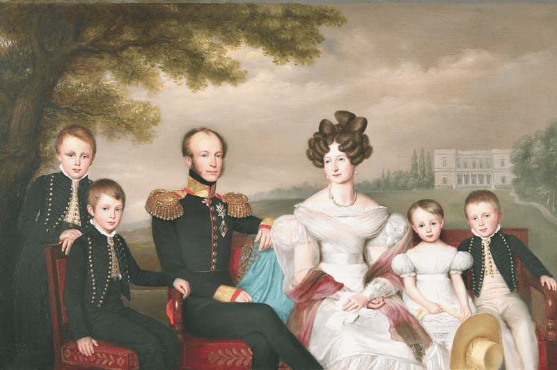 Image of a painting of King William III and the royal family for a post providing a list of kings and queens of the Netherlands.