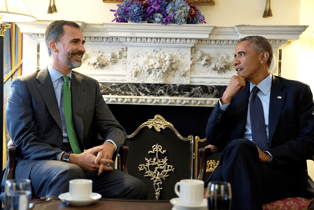 Image of a meeting between Spains's Felipe VI and U.S. President Barack Obama for a blog post providing the list of Spanish kings and queens.