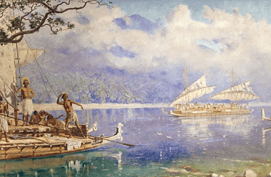 Image of double-hulled, ocean-capable canoes used throughout Maori history.