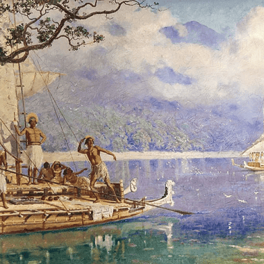 Image of double-hulled, ocean-capable canoes used throughout Maori history.