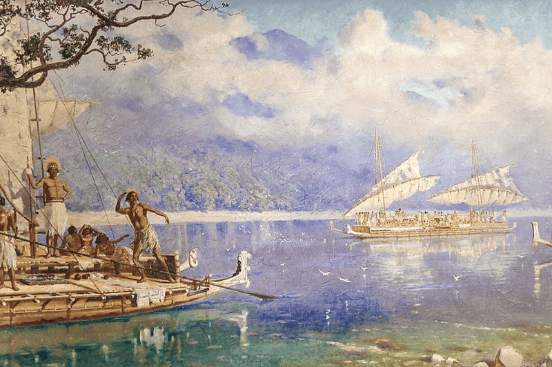Image of double-hulled, ocean-capable canoes used throughout Maori history.