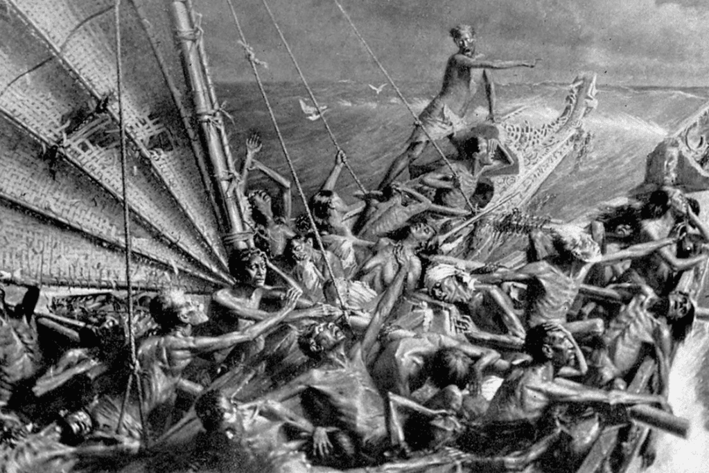 Image of Māori voyagers on a treacherous journey to Aotearoa