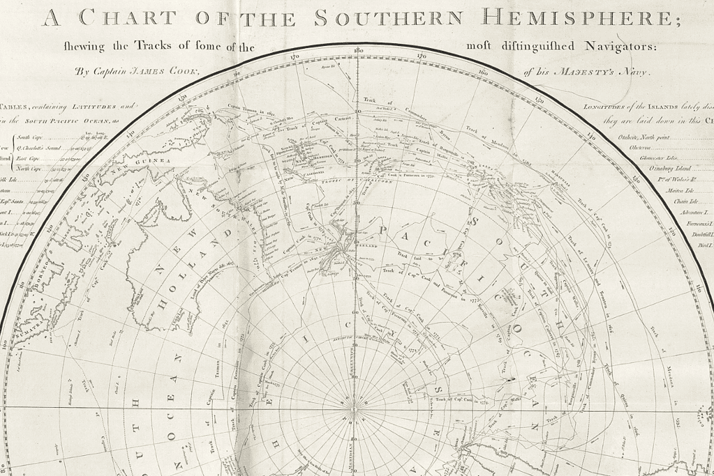 facts-about-james-cook-lunar-navigator Image of a Southern Hemisphere chart completed by Captain James Cook in 1773.
