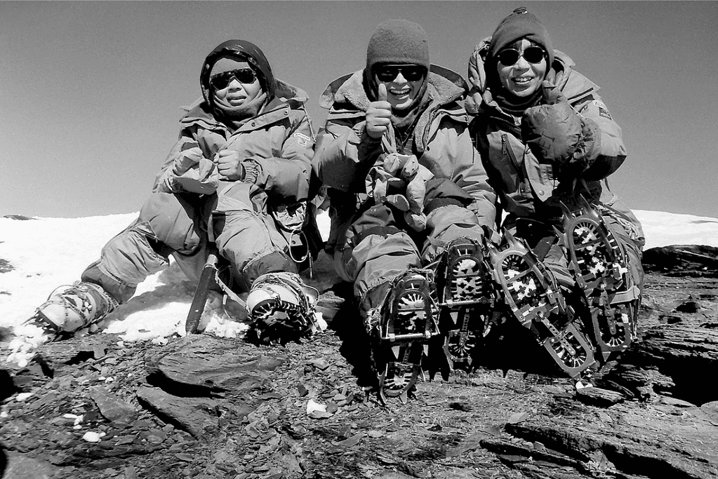 Image of Junko Tabei (R) and fellow climbers at the top of Communism Peak in Tajikistan.