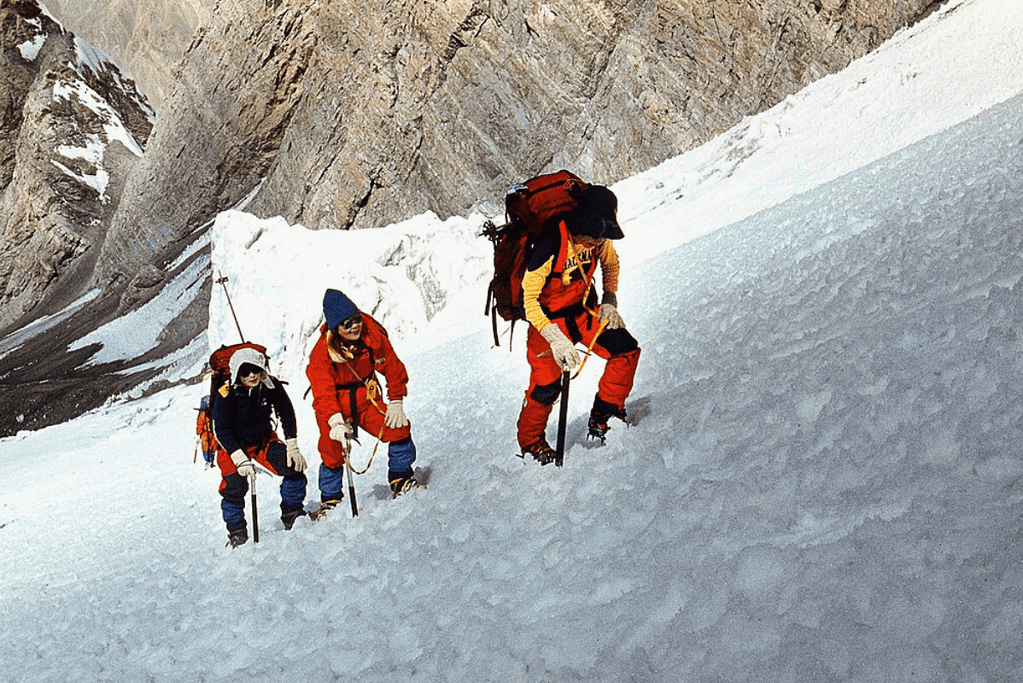 Image of Junko Tabei and fellow climbers ascending Mount Everest.