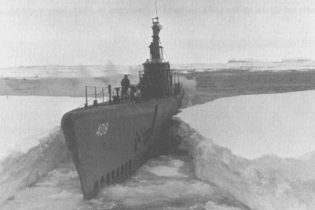 Image of the surfaced USS Sennet during Operation Highjump, 1946-1947 for a blog post covering famous expeditions to antarctica.