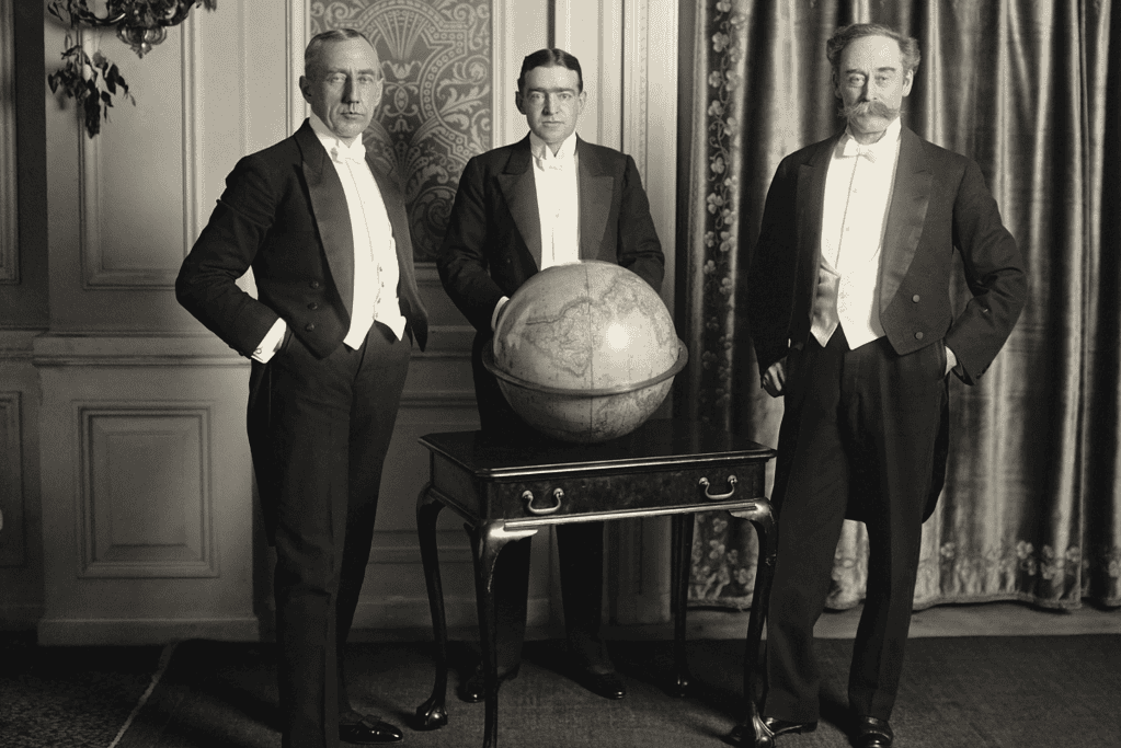 Image of 3 icons of Arctic exploration: from left to right, Roald Amundsen, Ernest Shackleton, and Robert Peary.