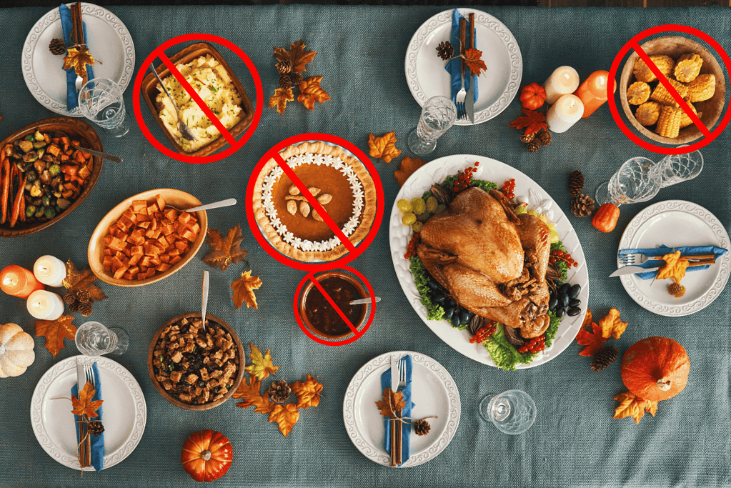 Image of a table with a variety of Thanksgiving food favorites crossed out.
