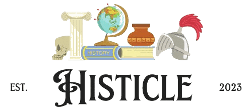 Histicle logo featuring historical artifacts including a Roman column, world globe, ancient vase, history books, and a medieval helmet above the text Histicle EST. 2023