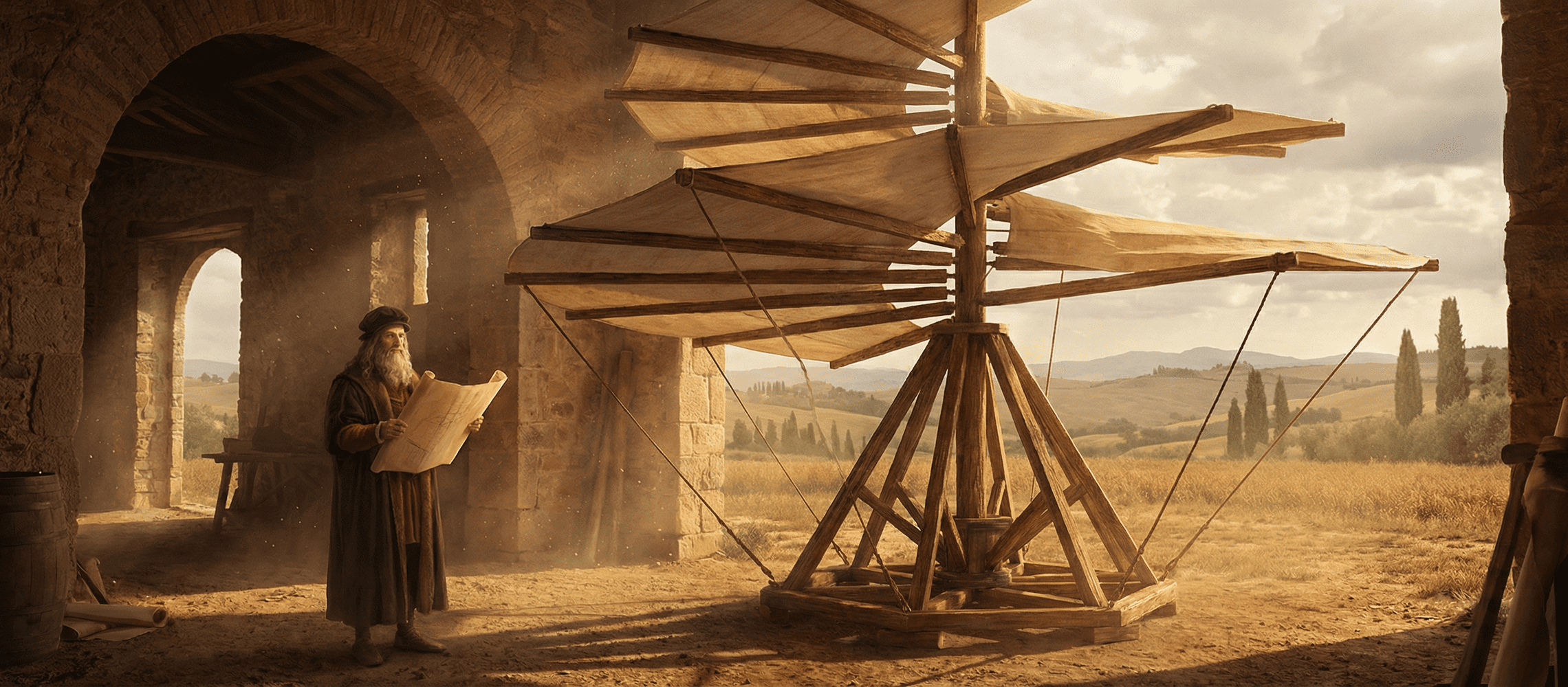 Leonardo da Vinci's aerial screw sketch, a precursor to the modern helicopter and one of history's most ambitious Renaissance inventions