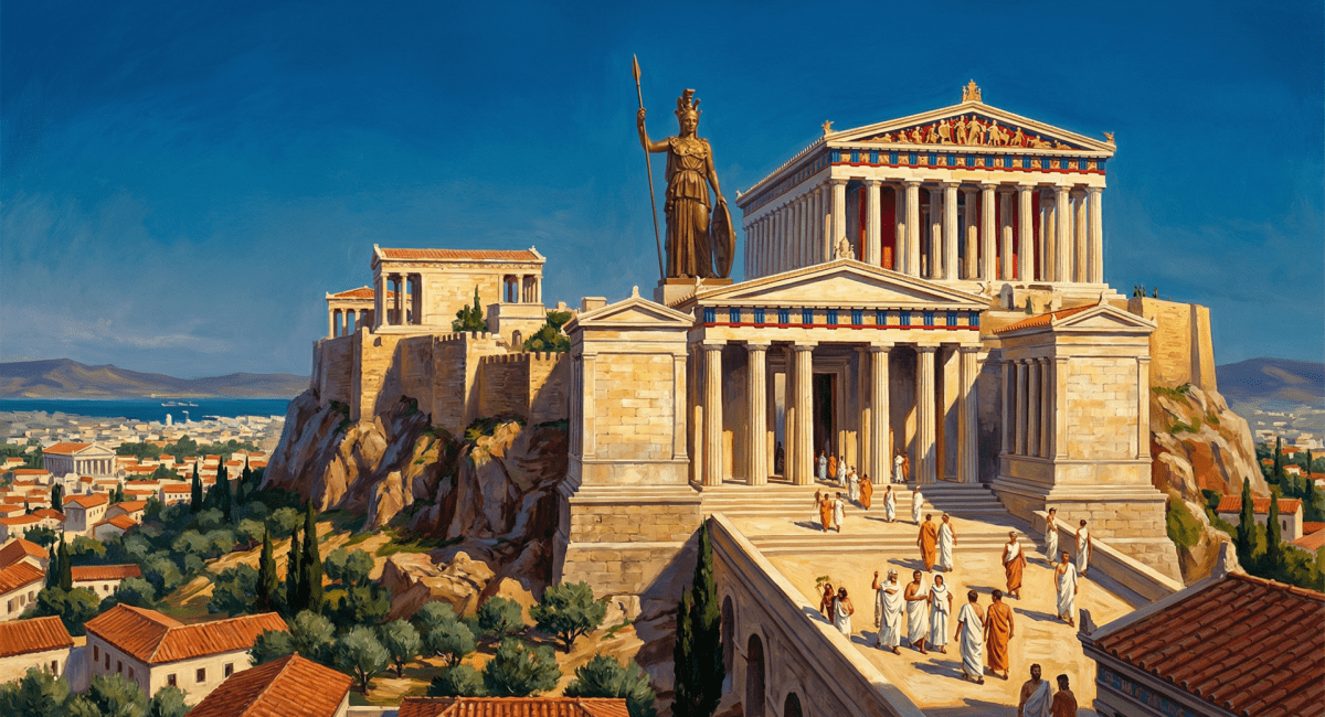 Image of Greek city-states at their peak — the fully intact and painted Acropolis of Athens, c. 440 BC, with the Parthenon, bronze Athena Promachos statue, and the city of Athens spreading across the Attic plain below