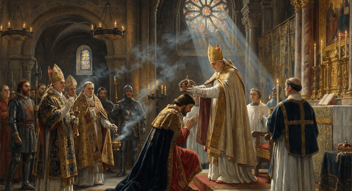 Image of a Holy Roman Emperor coronation ceremony, depicting the papal crowning ritual central to Holy Roman Emperor succession from 800 to 1806.