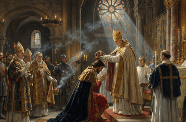 Image of a Holy Roman Emperor coronation ceremony, depicting the papal crowning ritual central to Holy Roman Emperor succession from 800 to 1806.