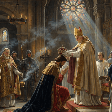 Image of a Holy Roman Emperor coronation ceremony, depicting the papal crowning ritual central to Holy Roman Emperor succession from 800 to 1806.