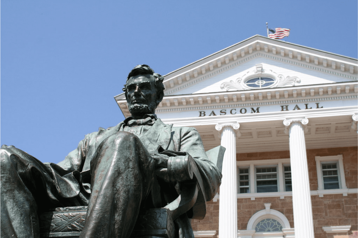 Image of the Abraham Lincoln statue in front of Bascom Hall at the University of Wisconsin-Madison, one of the oldest US colleges