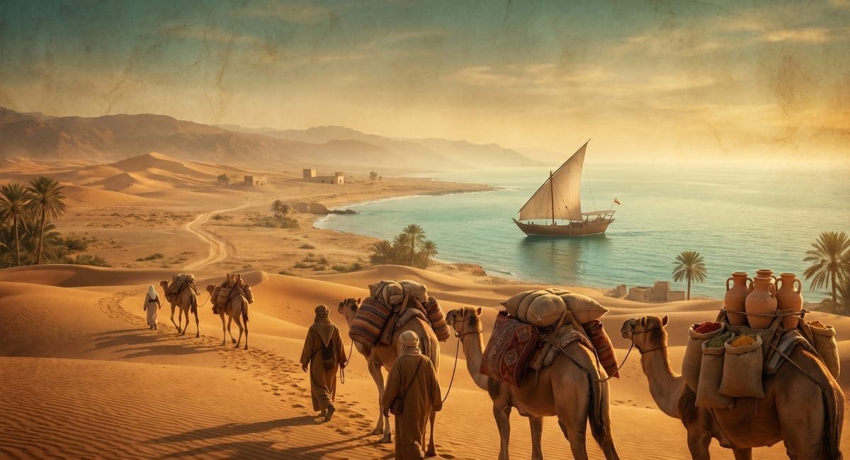 Image of ancient trade routes shown as a camel caravan crossing desert dunes toward a coastline where a sailing ship waits.