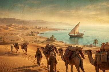 Image of ancient trade routes shown as a camel caravan crossing desert dunes toward a coastline where a sailing ship waits.