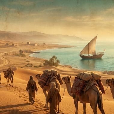 Image of ancient trade routes shown as a camel caravan crossing desert dunes toward a coastline where a sailing ship waits.