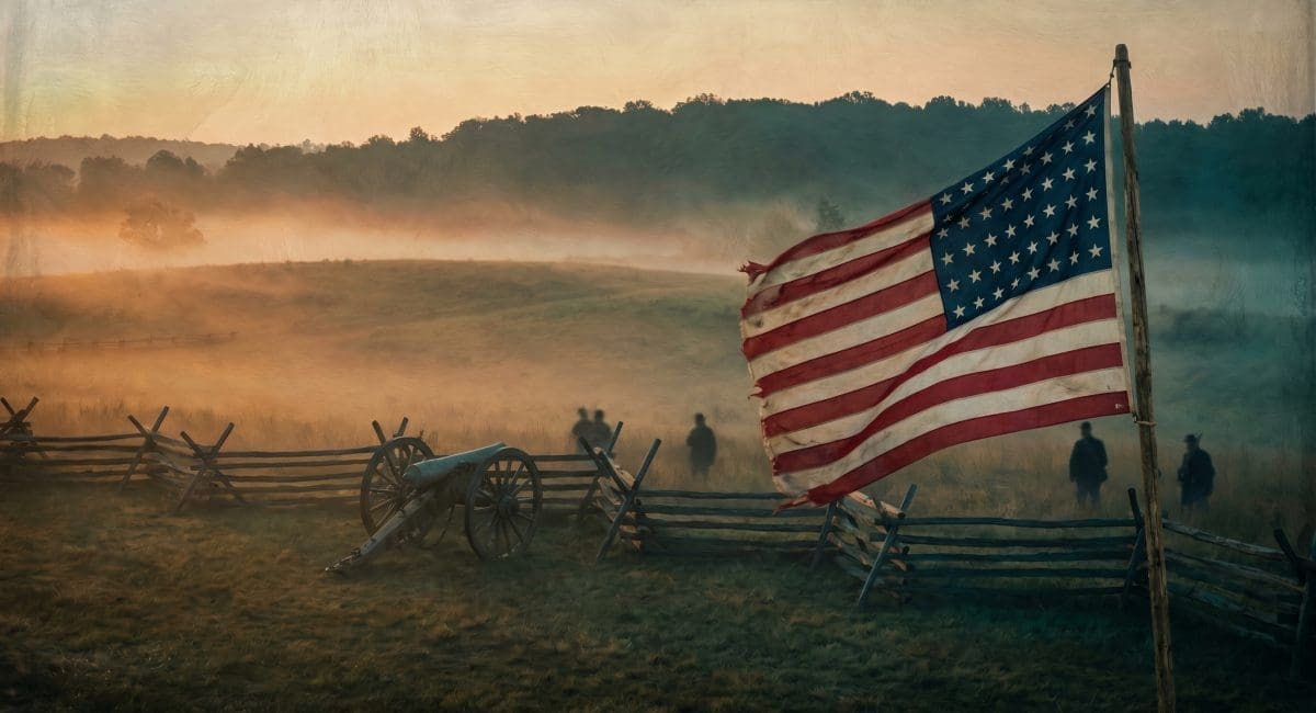 Image of a key Civil War battlefield at dawn with an intact U.S. flag, cannon, and morning mist over an open field.