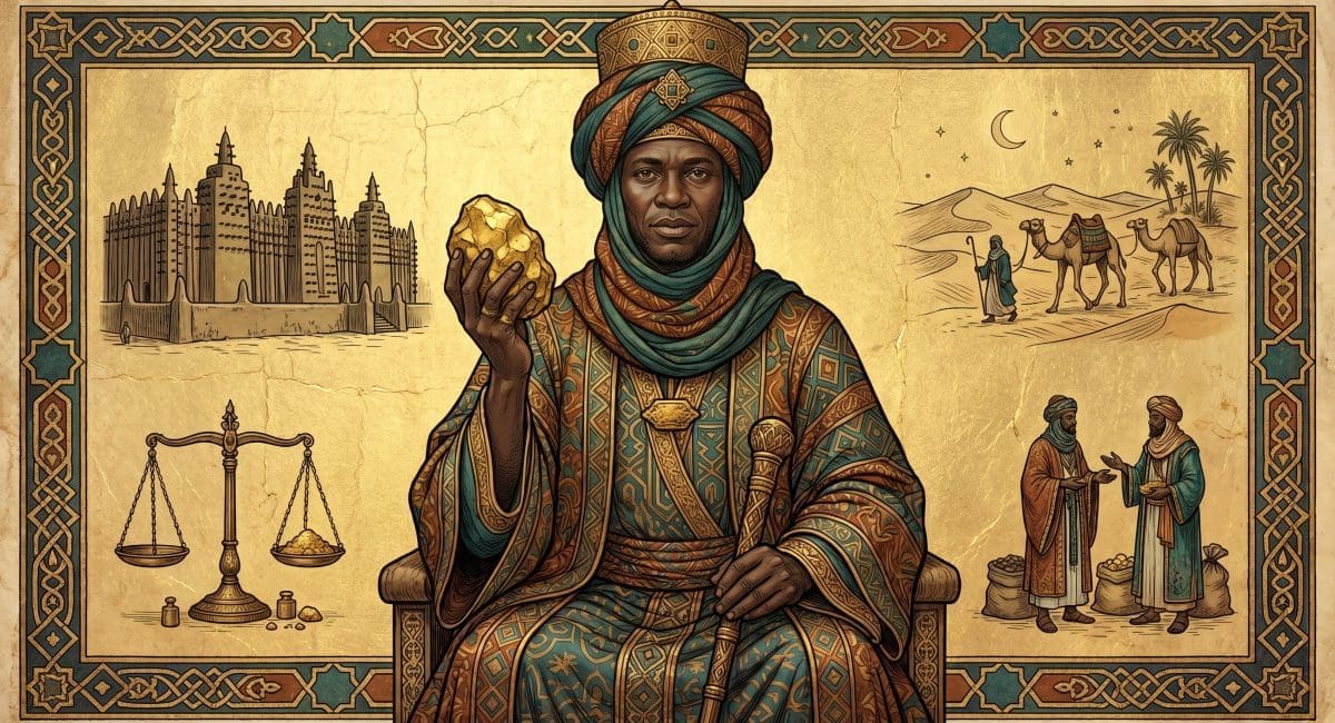 Image of Mansa Musa, king of the Mali Empire, holding gold in an illuminated-manuscript style.