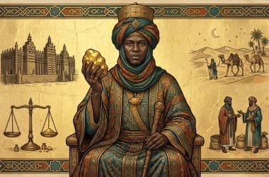 Image of Mansa Musa, king of the Mali Empire, holding gold in an illuminated-manuscript style.