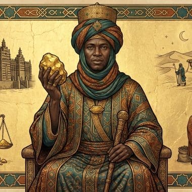 Image of Mansa Musa, king of the Mali Empire, holding gold in an illuminated-manuscript style.