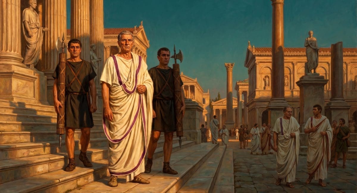 Image of a Roman consul in a purple-bordered toga flanked by lictors carrying fasces in the Roman Forum.